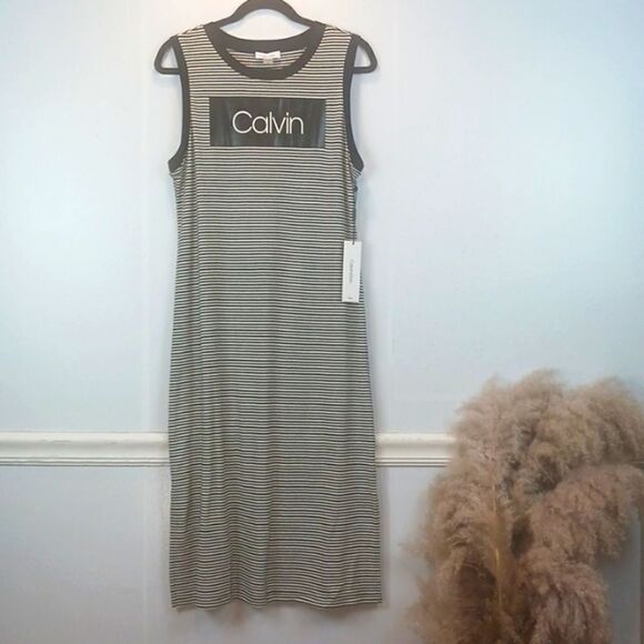 Calvin Klein black/white/green stripped sleeveless tank maxi dress size medium - Picture 1 of 10